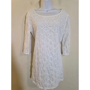 Jordan Taylor White Eyelet Lace Swimsuit Cover-Up 3/4 Sleeve Cotton Large Beach